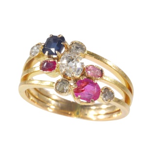 Vintage antique gold ring with tri-color precious stones representing a national banner